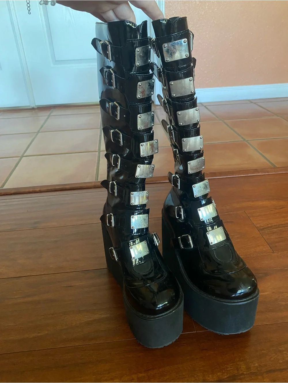 DOLLS KILL Demonia Black Patent Knee Buckle Platform Boots